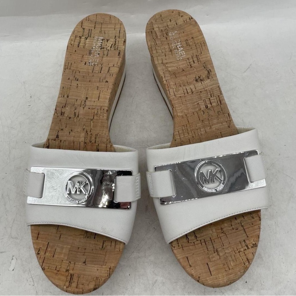 Michael Kors Warren White Open Toe Cork Wedge Platform Slides Size 9 M Sandals